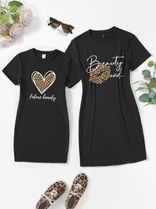 SHEIN 女孩1入組愛心和字母圖案T恤洋裝 - 黑色 - 查看 3