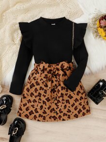 Chicas tejido de canalé ribete con fruncido Camiseta & con estampado de leopardo Falda - Multicolor - Ver 1