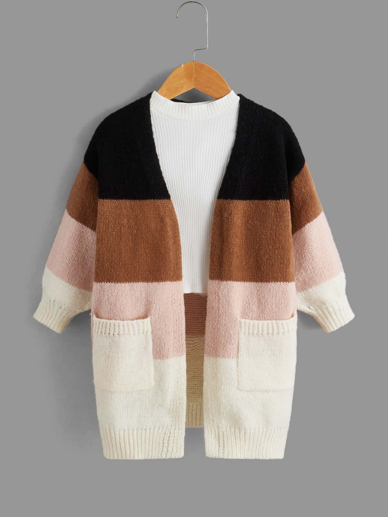 SHEIN Toddler Girls Colourblock Dual Pocket Drop Shoulder Cardigan - Multicolor - View 1