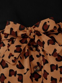 Chicas tejido de canalé ribete con fruncido Camiseta & con estampado de leopardo Falda - Multicolor - Ver 4