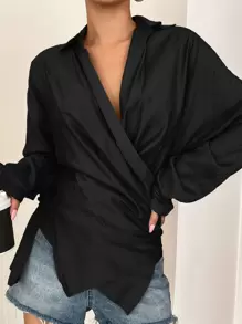 DAZY Asymmetrical Hem Batwing Sleeve Ruched Wrap Shirt - Black - View 1