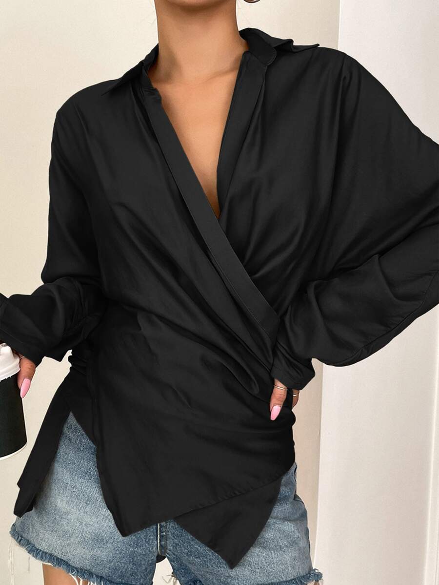 DAZY Asymmetrical Hem Batwing Sleeve Ruched Wrap Shirt - Black - View 1