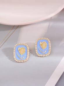 花細節矩形耳釘 - 藍色 - 查看 3
