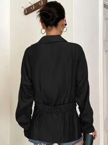 DAZY Asymmetrical Hem Batwing Sleeve Ruched Wrap Shirt - Black - View 2