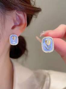 花細節矩形耳釘 - 藍色 - 查看 4