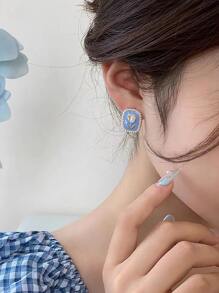 花細節矩形耳釘 - 藍色 - 查看 5