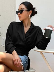 DAZY Asymmetrical Hem Batwing Sleeve Ruched Wrap Shirt - Black - View 4