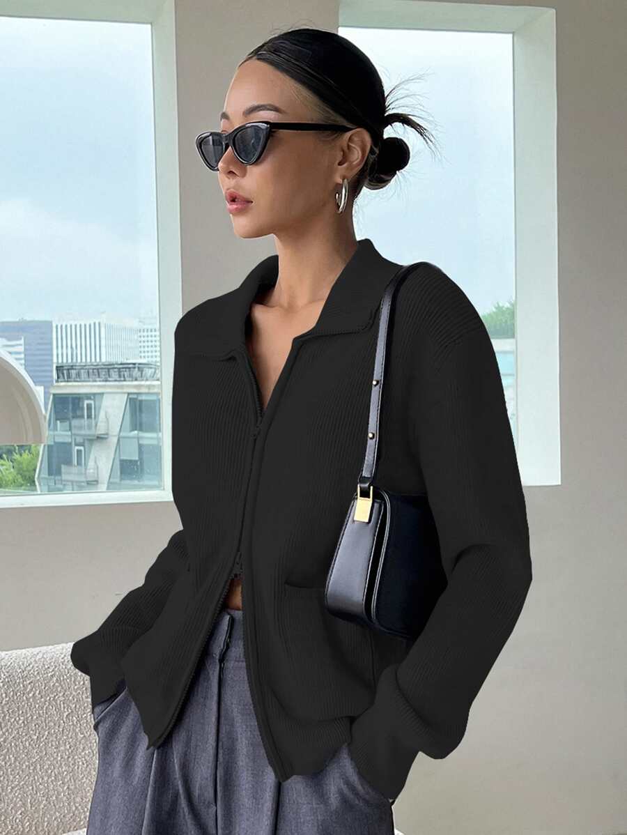 DAZY Solid Color Loose Turndown Collar Long Sleeve Casual Street Thick Knit Cardigan, Autumn/Winter Jacket - Black - View 1