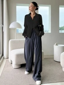 DAZY Solid Color Loose Turndown Collar Long Sleeve Casual Street Thick Knit Cardigan, Autumn/Winter Jacket - Black - View 3