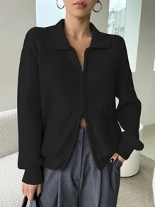 DAZY Solid Color Loose Turndown Collar Long Sleeve Casual Street Thick Knit Cardigan, Autumn/Winter Jacket - Black - View 5