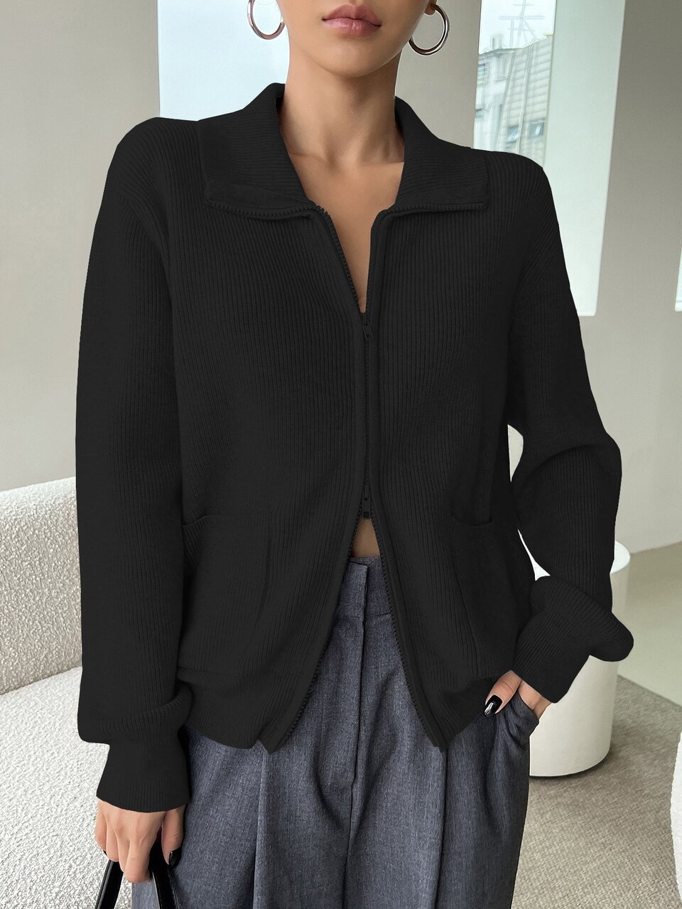 Solid Color Loose Turndown Collar Long Sleeve Casual Street Thick Knit Cardigan, Autumn/Winter Jacket