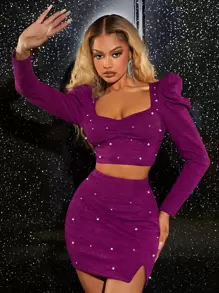 SHEIN SXY 珍珠串珠羊腿袖短款上衣和下擺開叉包臀半身裙 - 紫色 - 查看 1