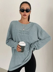 DAZY Đồ họa Khẩu hiệu Áo thun Thả vai - Màu xanh lam - Xem 1