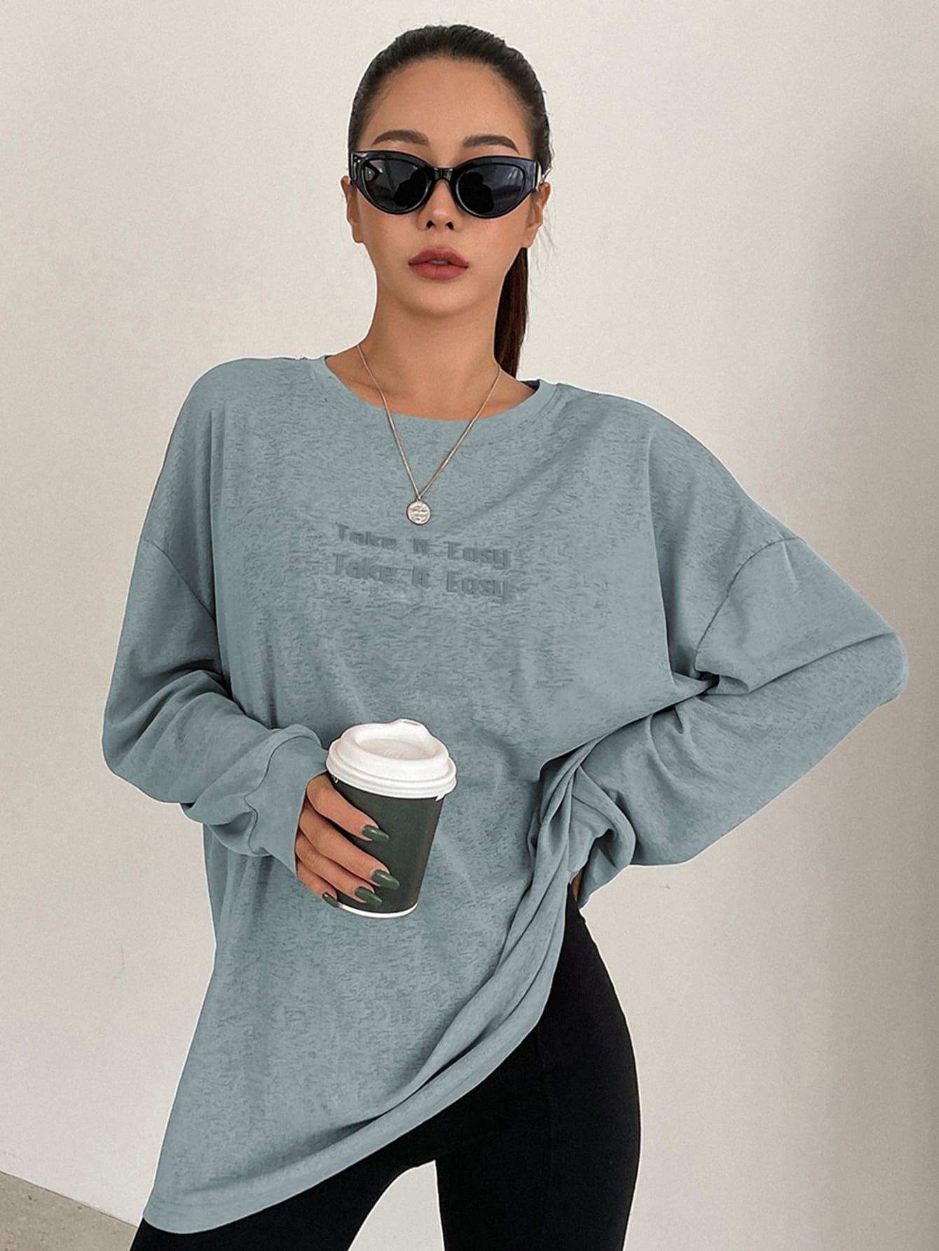 DAZY Đồ họa Khẩu hiệu Áo thun Thả vai - Màu xanh lam - Xem 1