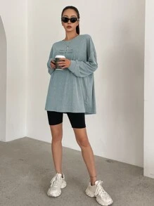 DAZY Đồ họa Khẩu hiệu Áo thun Thả vai - Màu xanh lam - Xem 7