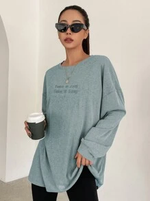 DAZY Đồ họa Khẩu hiệu Áo thun Thả vai - Màu xanh lam - Xem 4