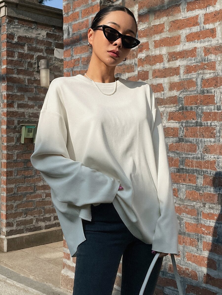 DAZY 纯色落肩 T 恤、秋季服装、返校服装长袖女式上衣 - 白色 - 查看 1