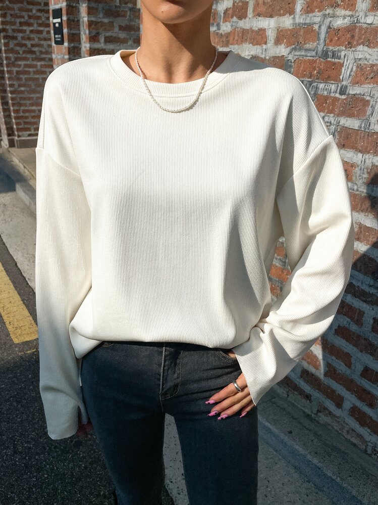 DAZY 纯色落肩 T 恤、秋季服装、返校服装长袖女式上衣 - 白色 - 查看 5