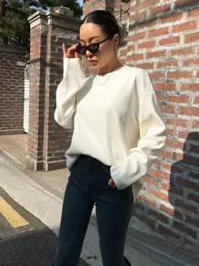 DAZY 纯色落肩 T 恤、秋季服装、返校服装长袖女式上衣 - 白色 - 查看 6