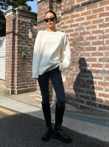 DAZY 纯色落肩 T 恤、秋季服装、返校服装长袖女式上衣 - 白色 - 查看 8