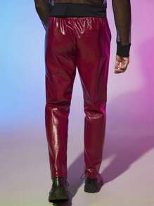 Manfinity Men Drawstring Waist PU Leather Trousers - Rose Red - View 2