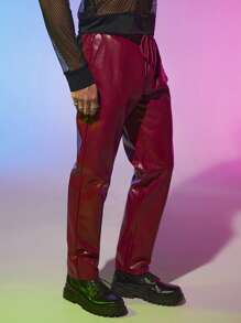 Manfinity Men Drawstring Waist PU Leather Trousers - Rose Red - View 4
