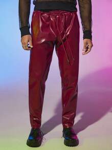 Manfinity Men Drawstring Waist PU Leather Trousers - Rose Red - View 5