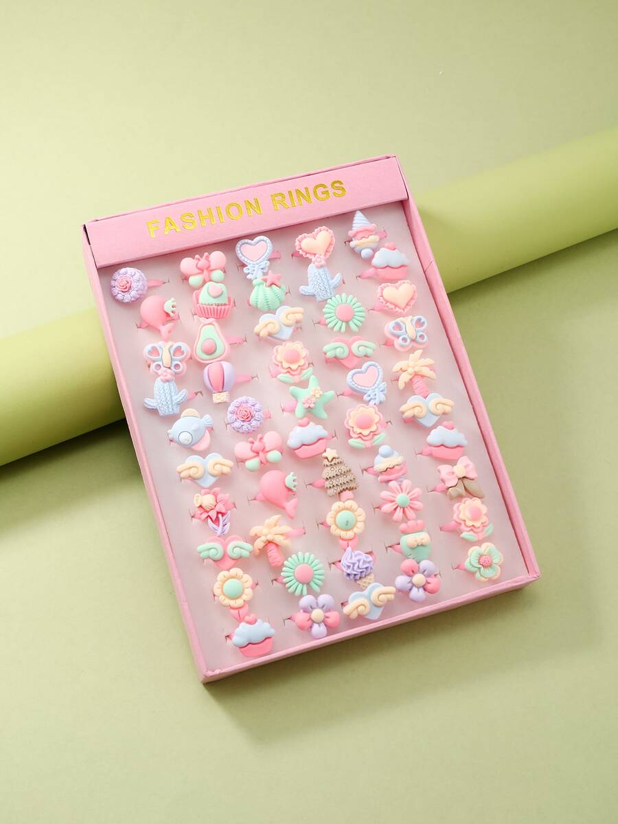 Chicas 50 piezas Anillo al azar flor & con adorno de corazón - Multicolor - Ver 1