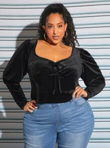 SHEIN CURVE+ Camiseta con nudo delantero de manga gigot de terciopelo - Negro - Ver 1