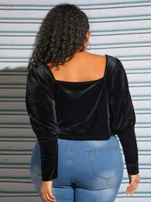 SHEIN CURVE+ Camiseta con nudo delantero de manga gigot de terciopelo - Negro - Ver 2