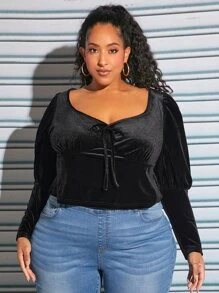 SHEIN CURVE+ Camiseta con nudo delantero de manga gigot de terciopelo - Negro - Ver 4