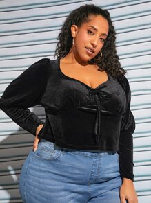 SHEIN CURVE+ Camiseta con nudo delantero de manga gigot de terciopelo - Negro - Ver 5