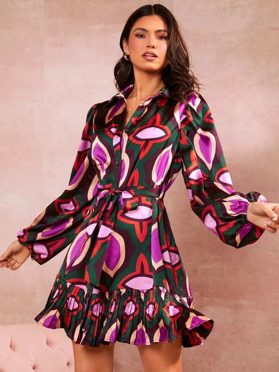 SHEIN VCAY Đầm Thắt lưng Xếp li Viên lá sen Nút phía trước Tất cả trên in Boho - Nhiều màu - Xem 1