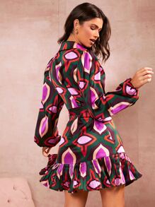 SHEIN VCAY Đầm Thắt lưng Xếp li Viên lá sen Nút phía trước Tất cả trên in Boho - Nhiều màu - Xem 2