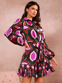 SHEIN VCAY Đầm Thắt lưng Xếp li Viên lá sen Nút phía trước Tất cả trên in Boho - Nhiều màu - Xem 3