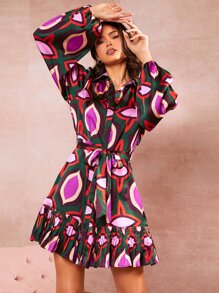 SHEIN VCAY Đầm Thắt lưng Xếp li Viên lá sen Nút phía trước Tất cả trên in Boho - Nhiều màu - Xem 5