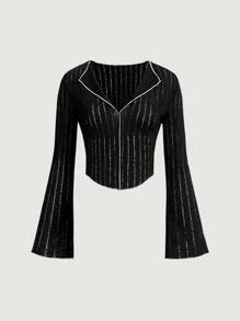 SHEIN MOD 荷葉袖拼接車縫T恤 - 黑色 - 查看 1