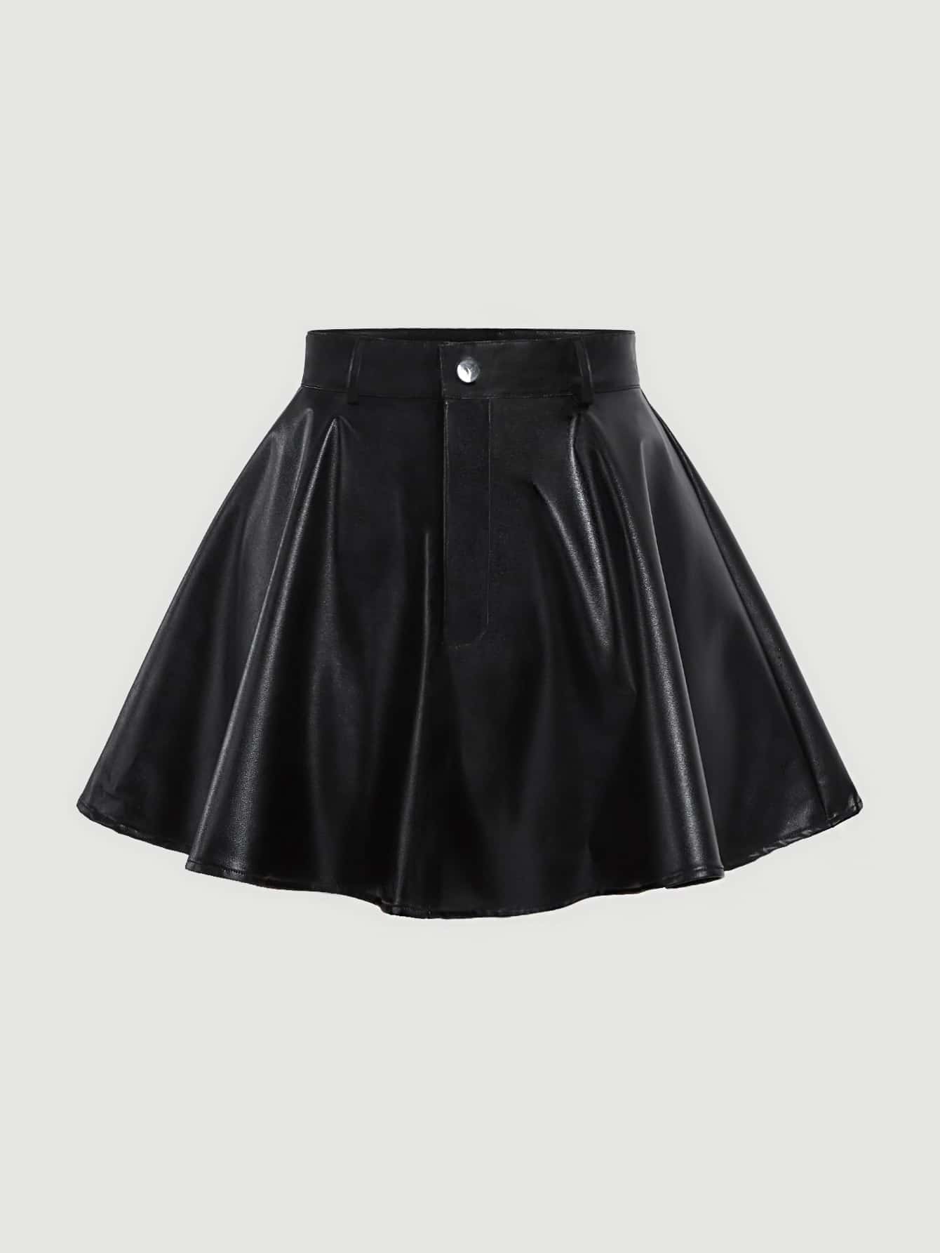 SHEIN MOD Solid PU Leather Skater Black Skirt - Black - View 1