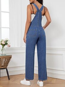Floral Patched Pocket Denim Dungarees Without Cami Top - Medium Wash - View 2