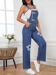 Floral Patched Pocket Denim Dungarees Without Cami Top - Medium Wash - View 1