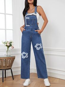 Floral Patched Pocket Denim Dungarees Without Cami Top - Medium Wash - View 3
