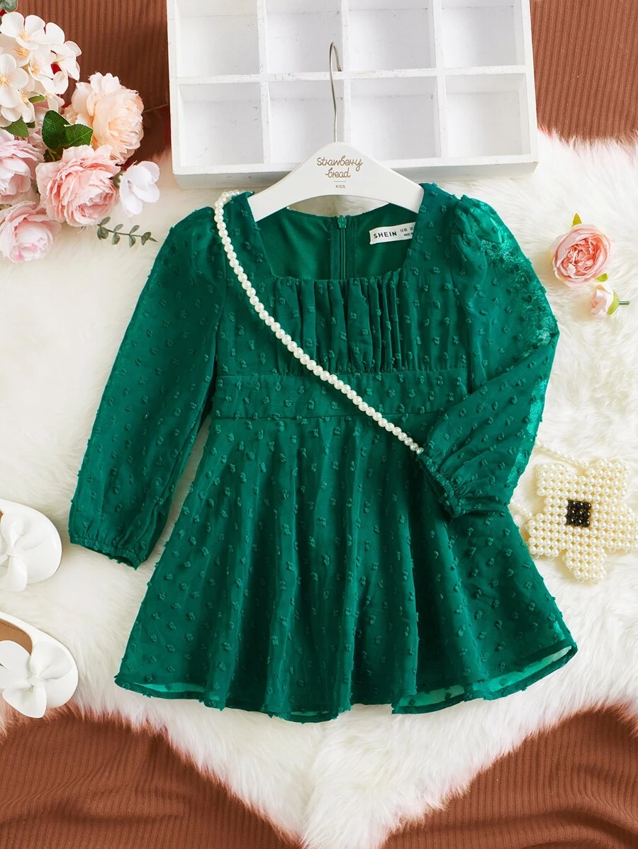 SHEIN 嬰兒圓點泡泡袖連衣裙 - 綠色 - 查看 1