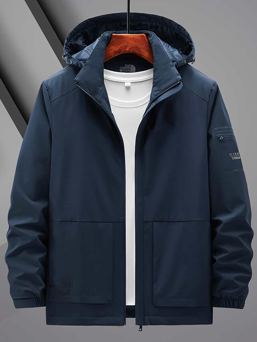 Men Letter Graphic Zipper Hooded Sports Jacket Without Tee - Navy Blue - View 1