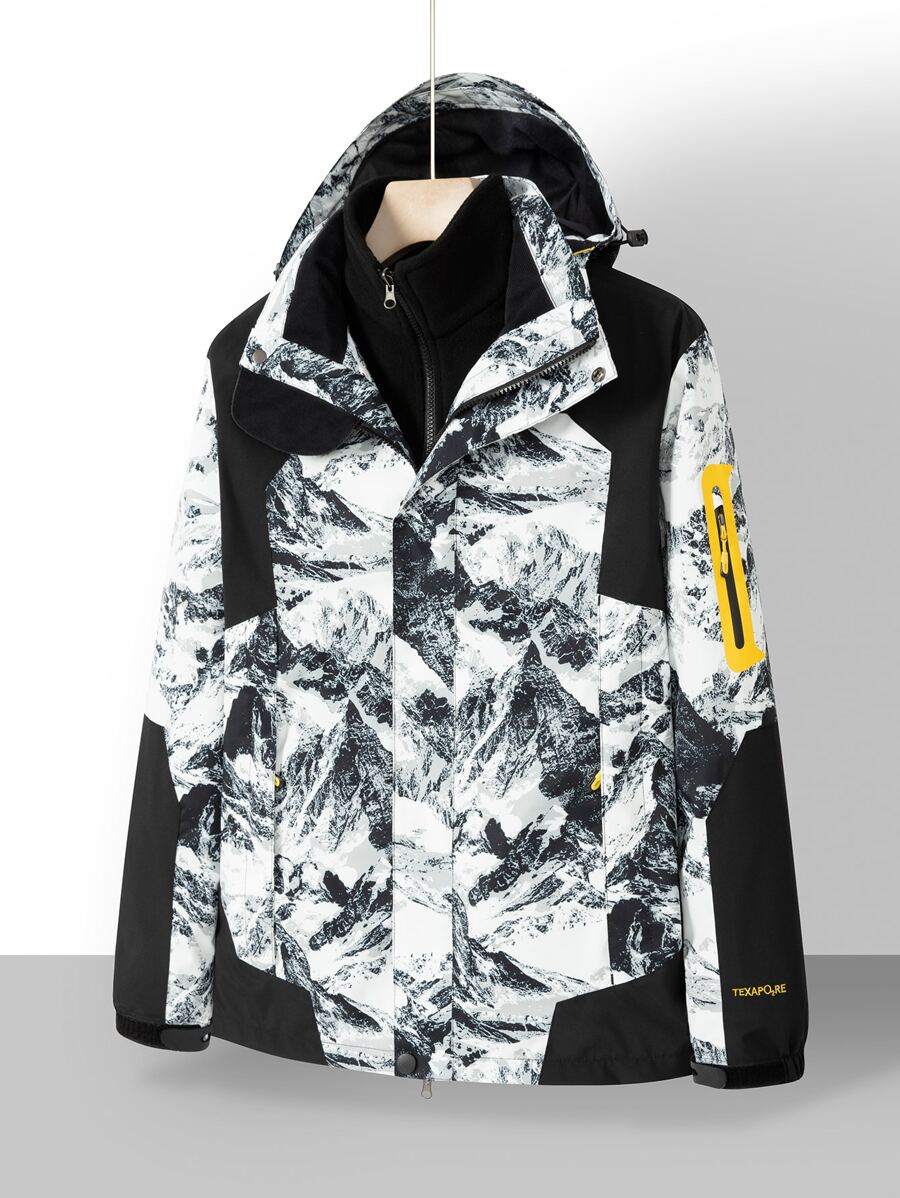 Men Letter Graphic Zip Up Sports Jacket With Detachable Liner - Black and White - View 1