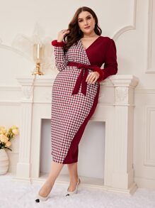 Modelyn Burgundy Red Plus Houndstooth Print Fuzzy Cuff Belted Dress - Burgundy - View 1