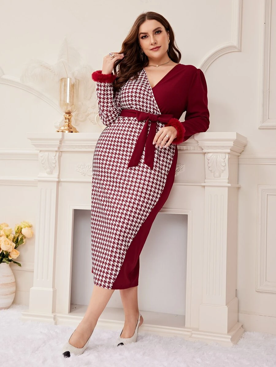 Modelyn Burgundy Red Plus Houndstooth Print Fuzzy Cuff Belted Dress - Burgundy - View 1