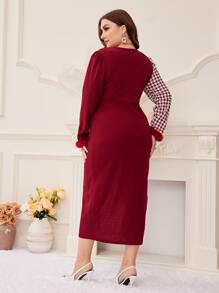 Modelyn Burgundy Red Plus Houndstooth Print Fuzzy Cuff Belted Dress - Burgundy - View 2