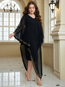 Modelyn Vestido con lentejuela en contraste bajo asimétrico - Negro - Ver 4