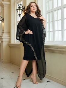 Modelyn Vestido con lentejuela en contraste bajo asimétrico - Negro - Ver 5