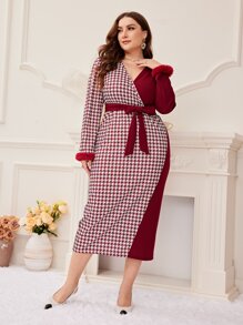 Modelyn Burgundy Red Plus Houndstooth Print Fuzzy Cuff Belted Dress - Burgundy - View 4